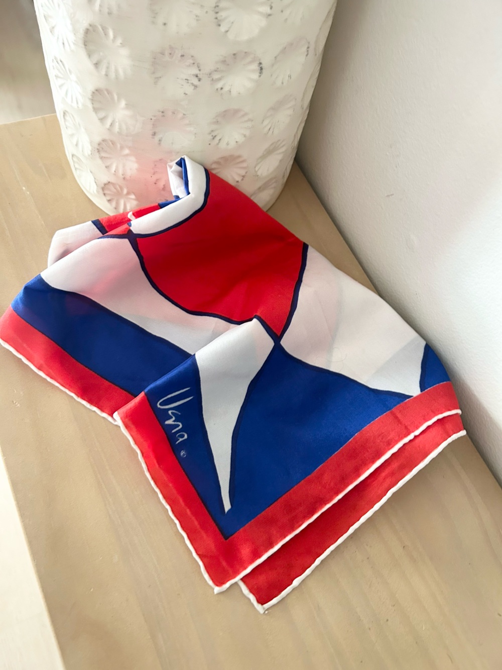 Vintage Vera Neumann Red Blue White Geometric Print Scarf Silk Feel *flaw*